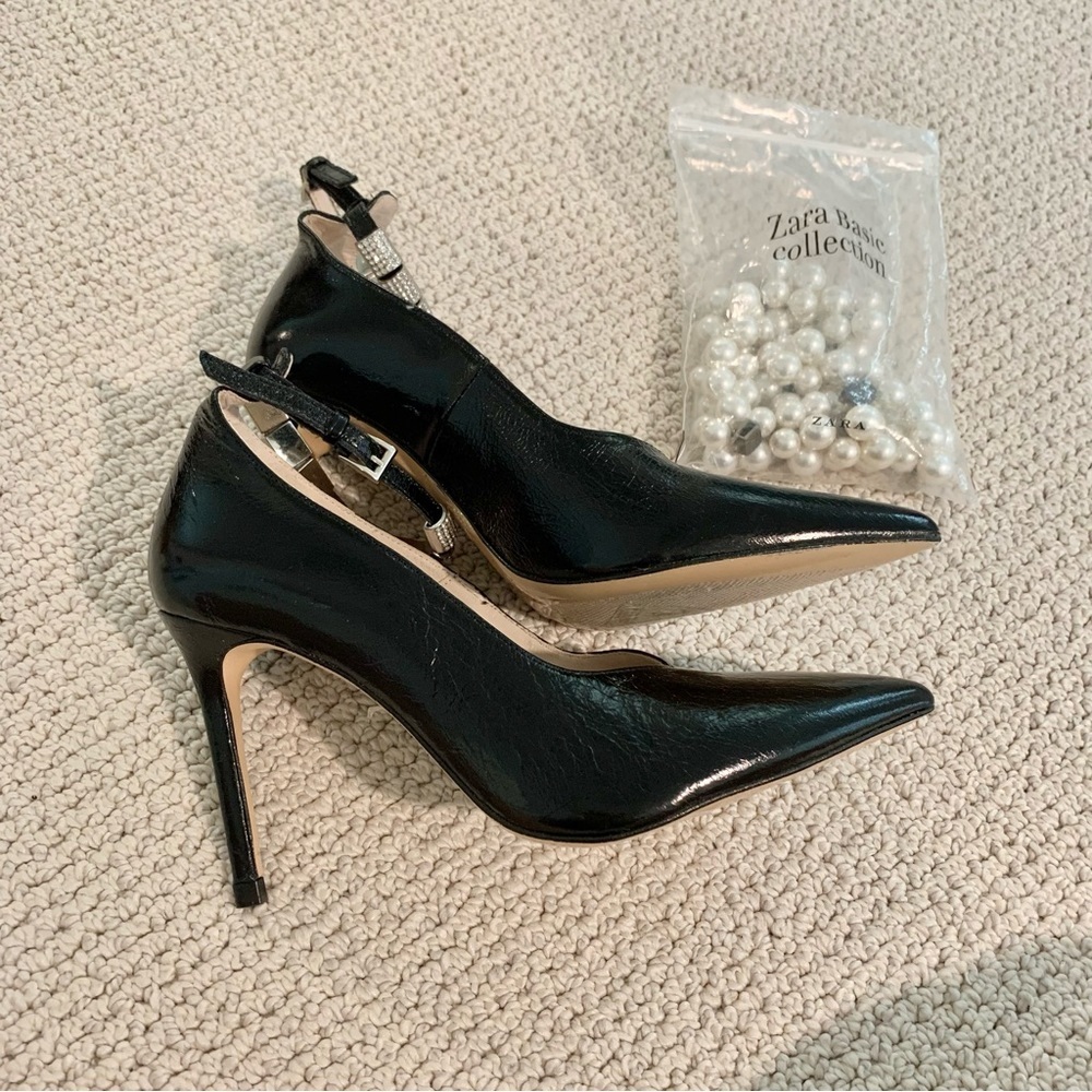💎 ZARA Black Leather Court Shoes Beaded Ankle Strap Heels - Picture 7 of 13